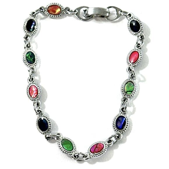 Unbranded Jewelry - Beautiful Silver Tone Multicolor Inlay Link Bracelet Oval Bezel 7”
